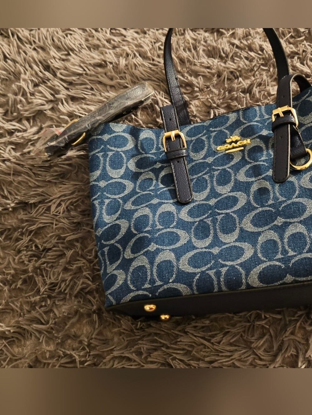 Coach Denim Signature Tote with Navy Trim and Gold Hardware